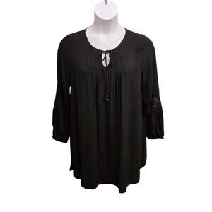 Altar'd State Shift Dress Womens Medium Black Pintuck Tie Neck Crochet Casual